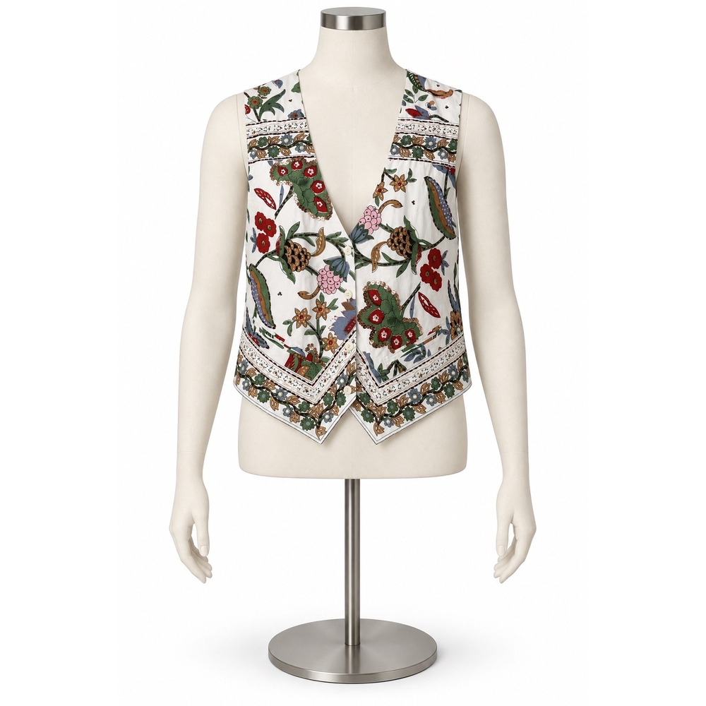 Vintage AJ Floral Beaded Sequin Cotton Vest White Botanical Boho Size L